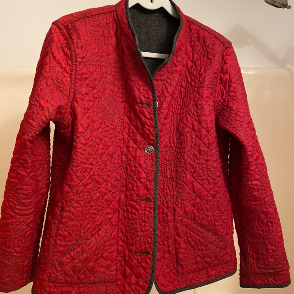 Sz 8/Medium/1 Chicos Reversible Floral Quilted Red Blue Denim Pocket Women’s GUC